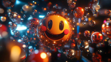 A whimsical, colorful abstract scene featuring a vibrant smiley face amidst shiny spheres, radiating positivity and joy in a playful environment.の素材