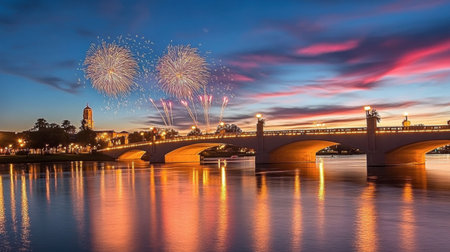 A breathtaking view of fireworks illuminating the night sky over a tranquil river, with a beautiful bridge reflecting the vivid colors during a serene dusk.の素材