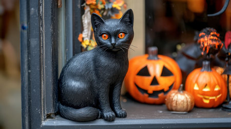 A charming black cat statue sits by glowing pumpkins, adding a festive touch to any Halloween decor. Perfect for seasonal celebrations and gatherings.の素材