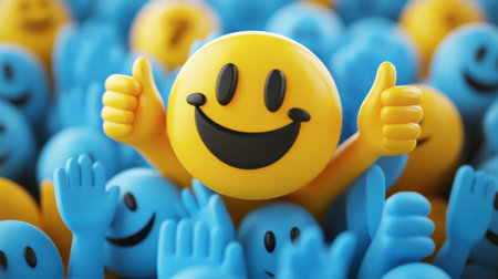 A vibrant scene featuring a cheerful yellow smiley character giving a thumbs up, surrounded by numerous blue waving figures, creating a sense of joy and positivity.の素材