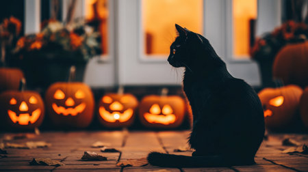 A black cat sits silently beside glowing Halloween pumpkins, creating a mysterious and festive autumn atmosphere. Perfect for seasonal themes.の素材