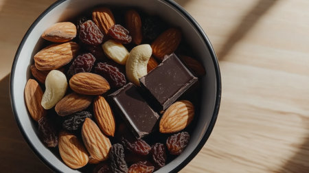 A beautifully arranged bowl of nuts and chocolate, featuring almonds, cashews, and raisins. Perfect for a healthy snack or delicious treat.の素材