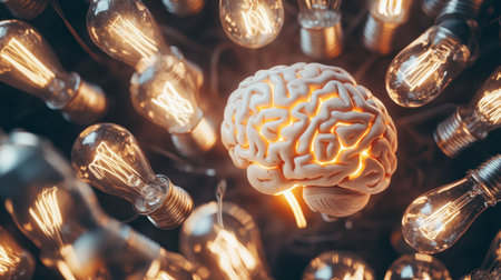 A vibrant brain sculpture illuminated by surrounding light bulbs, symbolizing creativity and innovative thinking. Ideal for concepts related to intelligence and ideas.の素材