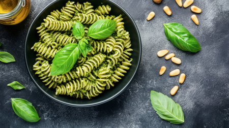 A vibrant bowl of green pesto pasta garnished with fresh basil leaves and pine nuts, perfect for a nutritious and delicious meal or recipe idea.の素材