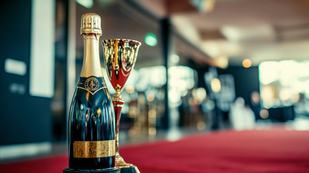 A stunning display of a champagne bottle and trophy on a red carpet, symbolizing celebration and prestige during an elegant event. Perfect for festive themes.の素材