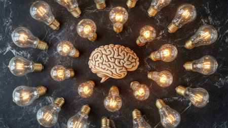 A creative concept illustrating a brain surrounded by glowing light bulbs, symbolizing ideas, inspiration, and innovation in thought and design.の素材