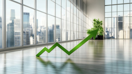 A modern office space features large windows, showcasing a vibrant plant and a green arrow symbolizing growth and success in a business environment.の素材