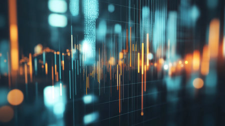 This abstract image showcases digital sound waves and data visualization, featuring vibrant colors and modern design elements for technology and innovation themes.の素材