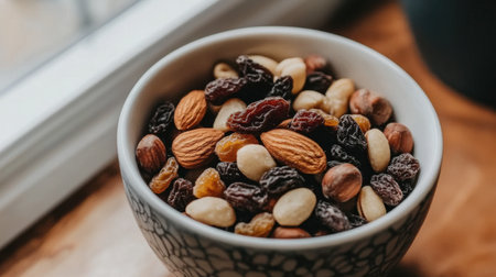A close-up view of a bowl filled with a colorful mix of nuts and dried fruits, perfect for health-conscious snacking. Ideal for food lovers.の素材