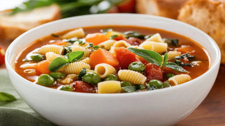 A vibrant bowl of hearty vegetable soup featuring pasta and fresh ingredients. Perfect for a nutritious meal, this dish combines vibrant colors and flavors.の素材