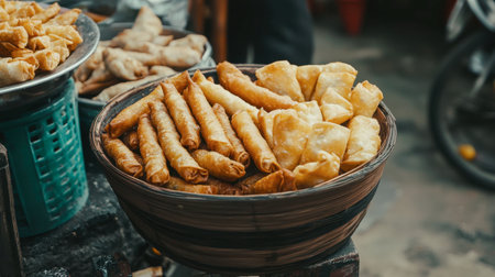 A tempting assortment of fried snacks displayed in a basket at a bustling street market, showcasing diverse textures and flavors popular in local cuisine.の素材