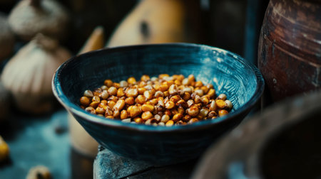 A close-up view of golden snacks in a rustic bowl, set against a natural wooden background. Ideal for food-related themes and culinary inspiration.の素材