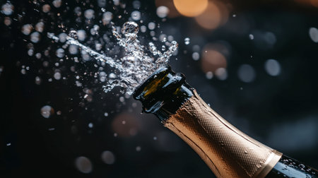 A stunning close-up of a champagne bottle erupting with bubbles, perfect for capturing celebration and luxury moments at any party or special occasion.の素材