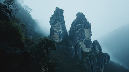 Ethereal mist envelops towering mountain peaks, creating a serene and tranquil atmosphere. This dramatic landscape captures the beauty of natureの素材