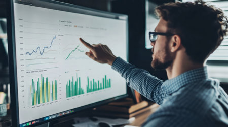A businessman analyzing graphs and data on a computer screen in an office setting. The scene captures a professional atmosphere focused on data-driven decision making.の素材