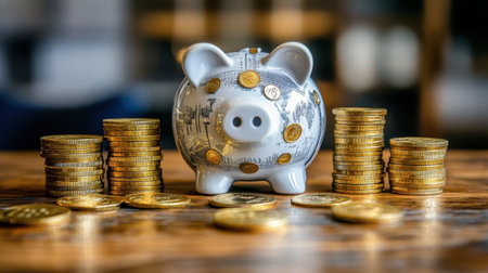 This image features a charming piggy bank surrounded by gold coins, symbolizing savings and financial growth. Perfect for finance-themed projects.の素材
