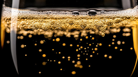 Close-up view of bubbles rising in a glass of sparkling beverage, showcasing the effervescence and luxurious feel. Perfect for celebration themes.の素材