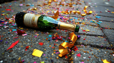 A discarded champagne bottle surrounded by colorful confetti on the ground, capturing the aftermath of a joyful celebration. Perfect for themes of festivity and parties.の素材