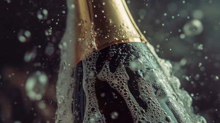 A dynamic close-up of a champagne bottle with bubbles splashing, capturing the essence of celebration and joy, perfect for festive themes and special occasions.の素材