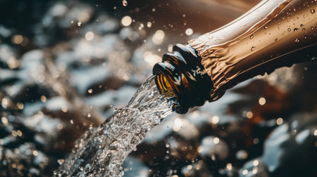 A captivating close-up of clear water pouring from a bottle, creating a splash in a natural setting. This image captures the essence of refreshment and beauty in simplicity.の素材