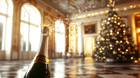 A beautifully presented champagne bottle with bubbles escaping, set against a festive backdrop featuring a Christmas tree and elegant decor, perfect for celebrations.の素材
