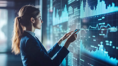 A focused businesswoman reviews financial data on a digital screen, using a smartphone. The modern workspace highlights trends and statistics for informed decision-making.の素材