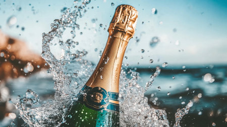 A stunning champagne bottle surrounded by splashing water, capturing the essence of celebration and luxury. Perfect for summer and festive occasions.の素材