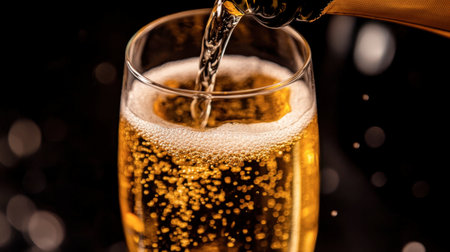 A close-up view of a sparkling beverage being poured into a glass, showcasing effervescence and bubbles. Perfect for celebrations and toasts.の素材