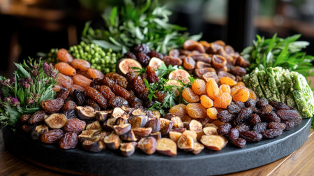 A vibrant display of assorted dried fruits and fresh herbs on a dark platter, highlighting the rich colors and textures of healthy snacks, ideal for culinary inspiration.の素材