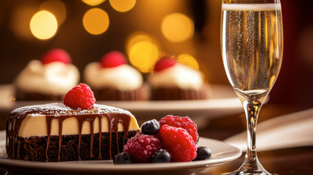 Delight in a rich chocolate dessert topped with fresh raspberries and paired with sparkling bubbles, perfect for celebrations and gatherings.の素材