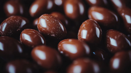This close-up image showcases an array of chocolate-coated candy treats, highlighting their glossy surfaces and rich brown color. Perfect for celebrating indulgent moments.の素材