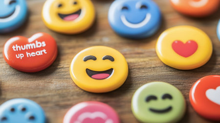 A vibrant collection of colorful emoji buttons displayed on a wooden surface, showcasing various facial expressions and playful designs for artistic and decorative purposes.の素材