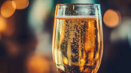 A close-up of a sparkling beverage in an elegant glass, showcasing bubbles and a golden hue. Perfect for celebrations and enjoyable moments.の素材