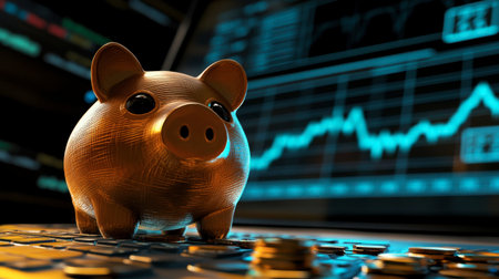 A golden piggy bank sits on a laptop keyboard, symbolizing savings and investment. Behind it, digital financial graphs depict market trends and growth.の素材