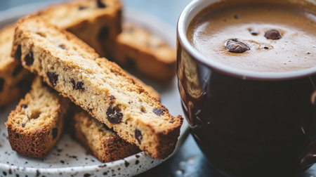 A delightful scene featuring homemade biscotti paired with a steaming cup of coffee, ideal for a cozy breakfast or snack time moment.の素材