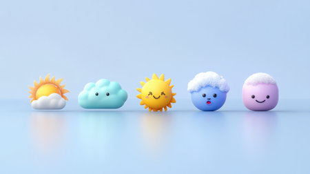 Bright and cheerful weather icons featuring a sun, clouds, and snowflakes. Ideal for children's content, playful themes, and educational illustrations.の素材