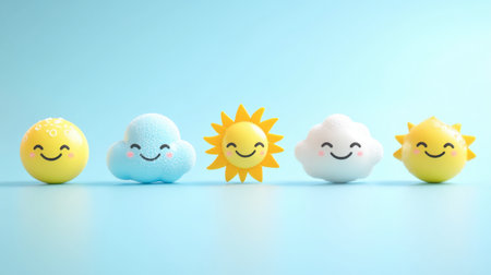 A collection of cheerful weather icons featuring cute smiling sun and cloud characters, perfect for playful and colorful design projects.の素材
