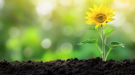 A vibrant sunflower emerges from rich soil, surrounded by a soft, glowing background. This image captures the essence of growth and natural beauty.の素材