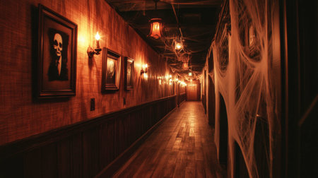 A hauntingly beautiful hallway adorned with vintage portraits and cobwebs, illuminated by soft lanterns, creating an eerie and mysterious atmosphere.の素材