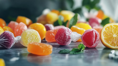 A vibrant arrangement of colorful candies and gummies on a dark surface, showcasing a delightful mix of flavors and a joyful atmosphere perfect for any sweet loverの素材