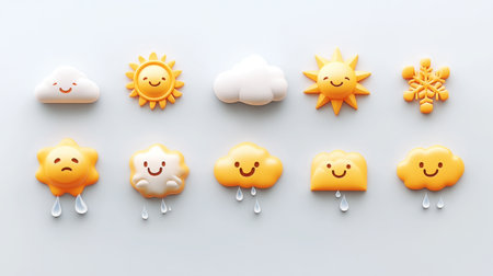 Delightful collection of cheerful weather icons featuring sunny faces, clouds, and rain. Perfect for playful designs and creative projects.の素材