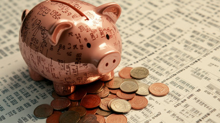 A piggy bank surrounded by scattered coins atop financial documents, symbolizing savings, investment, and personal finance management, showcasing economic planning.の素材