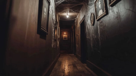 This eerie hallway features cobwebs, dim lighting, and vintage portraits, creating an unsettling atmosphere perfect for horror themes and spooky settings.の素材