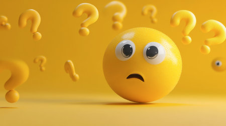 A vibrant yellow background features a confused emoji with large eyes surrounded by question marks, symbolizing uncertainty and curiosity in a playful manner.の素材