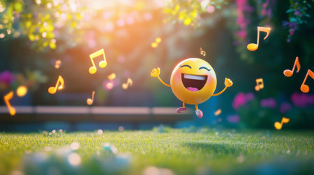 A lively emoji character dances joyfully amidst a beautiful garden. Sunlight filters through vibrant flowers, creating a cheerful atmosphere filled with music and happiness.の素材