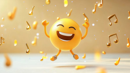 A vibrant, cheerful emoji character joyfully dances among floating music notes, radiating happiness and positivity. Perfect for creative projects!の素材