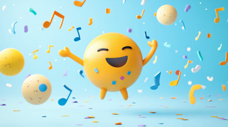A joyful cartoon character dances amidst colorful music notes and confetti, radiating happiness and excitement. Perfect for celebrations and lively themes.の素材