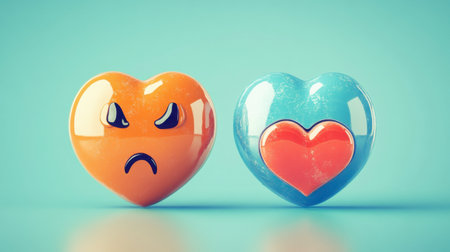 Two glossy heart icons depicting contrasting emotions, one expressing sadness and the other joy. Ideal for designs representing feelings and relationships.の素材