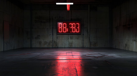 A striking digital countdown timer glows red in a dimly lit room. The empty space enhances the sense of urgency and anticipation for an upcoming event.の素材
