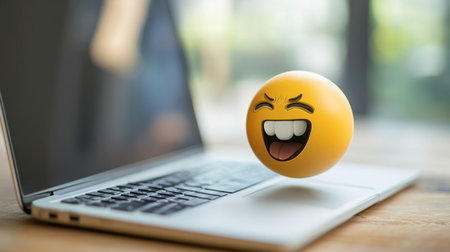 A vibrant yellow emoji with a big smile floats above a laptop keyboard, representing joy in the digital workspace. Perfect for conveying humor and positivity.の素材